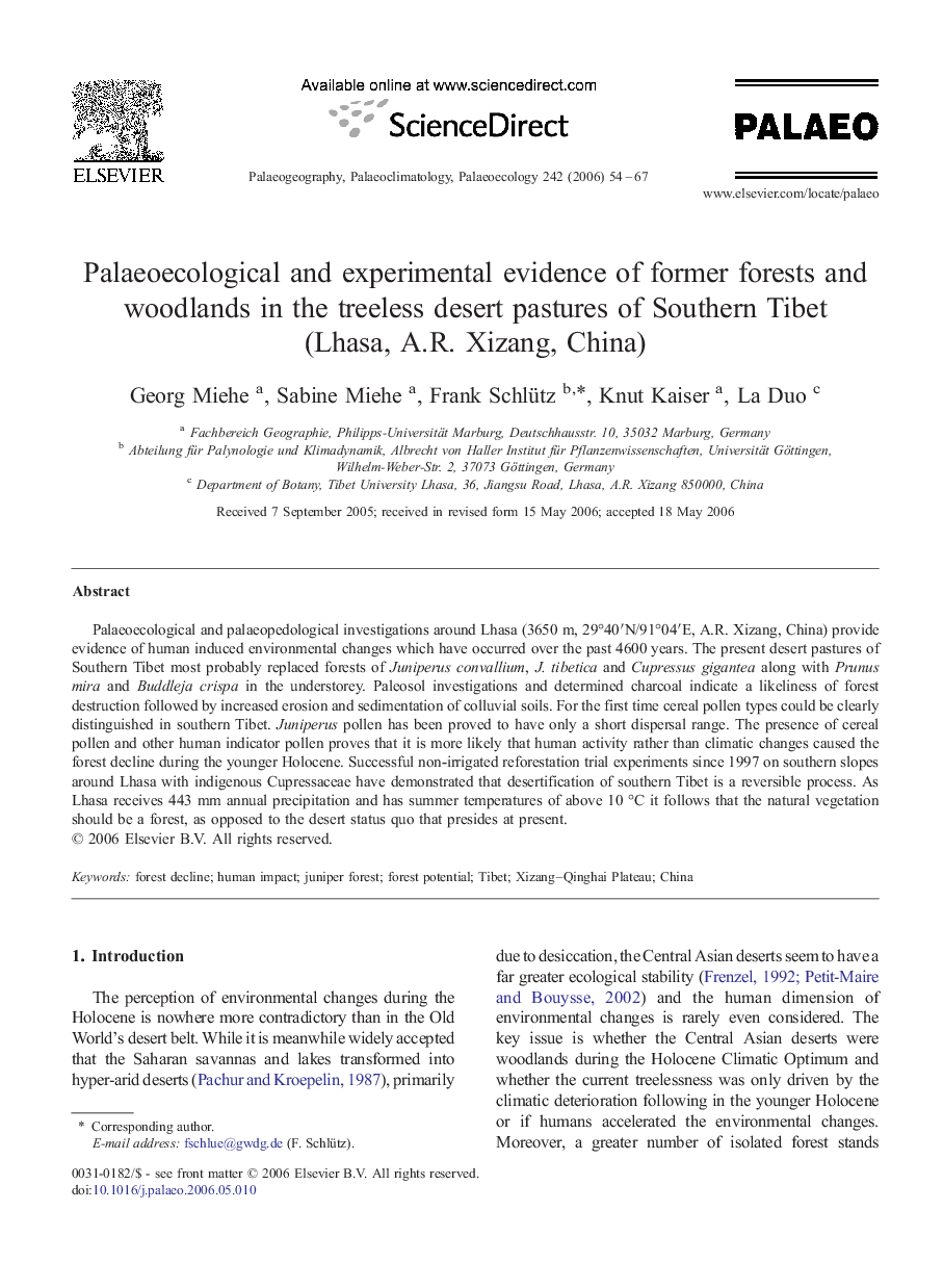 Palaeoecological and experimental evidence of former forests and woodlands in the treeless desert pastures of Southern Tibet (Lhasa, A.R. Xizang, China)