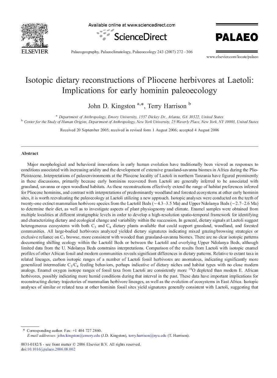 Isotopic dietary reconstructions of Pliocene herbivores at Laetoli: Implications for early hominin paleoecology