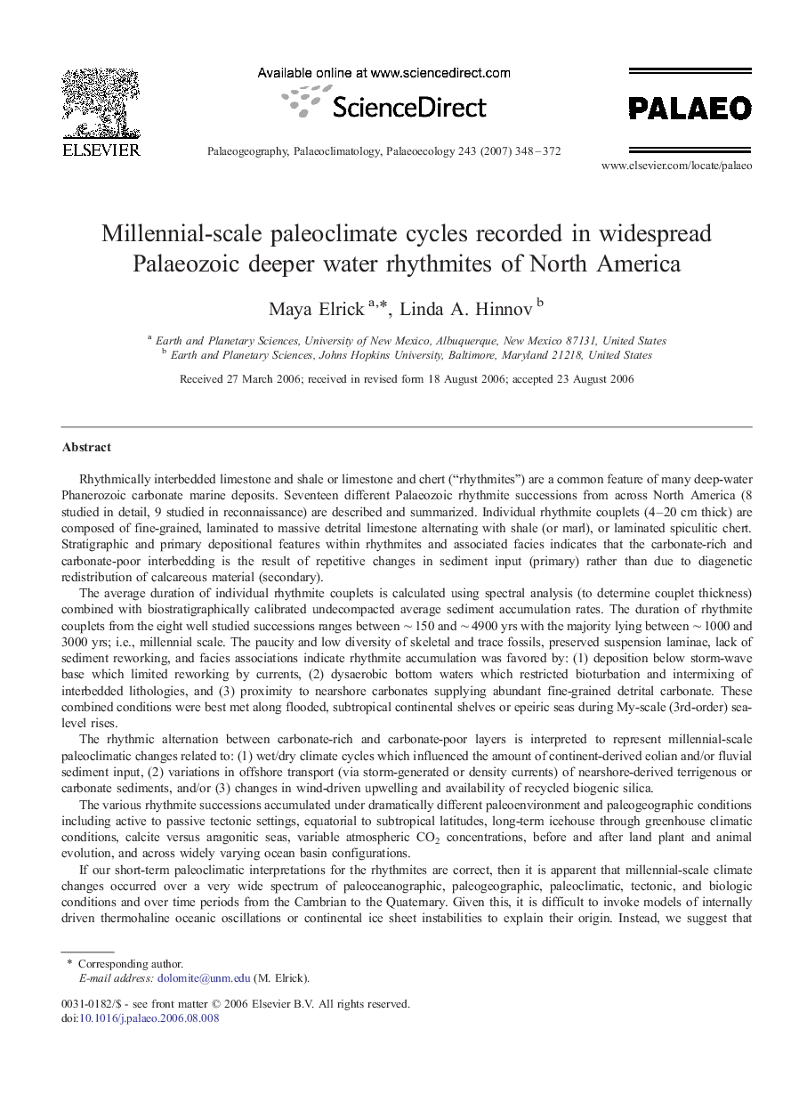 Millennial-scale paleoclimate cycles recorded in widespread Palaeozoic deeper water rhythmites of North America