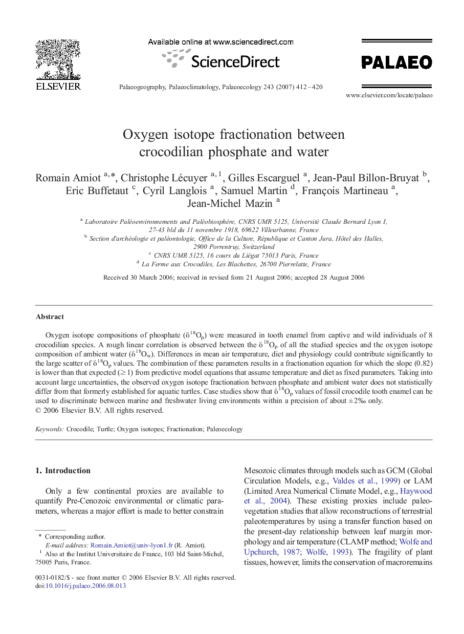 Oxygen isotope fractionation between crocodilian phosphate and water