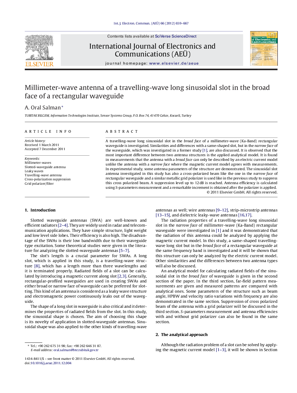 Millimeter-wave antenna of a travelling-wave long sinusoidal slot in the broad face of a rectangular waveguide