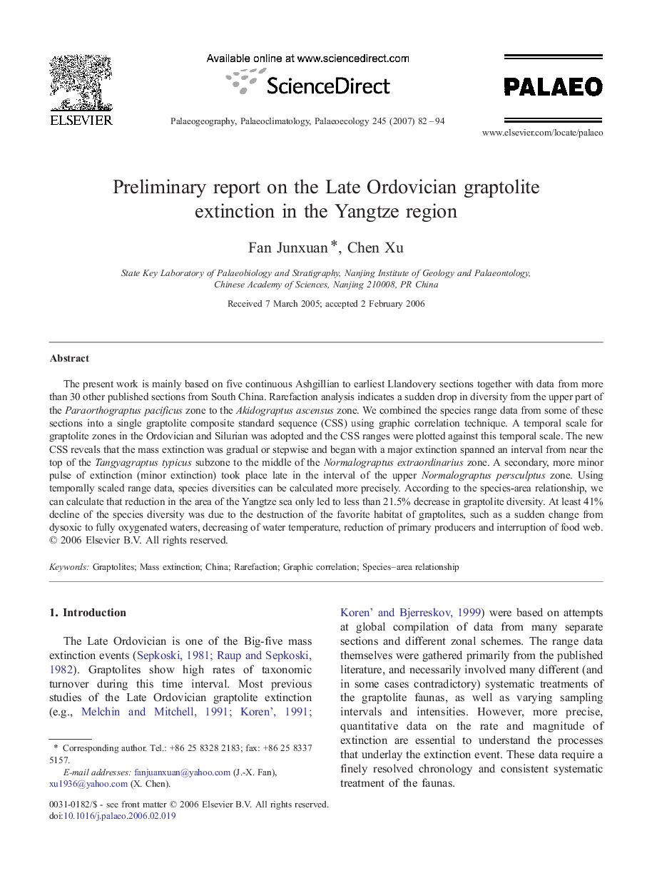 Preliminary report on the Late Ordovician graptolite extinction in the Yangtze region