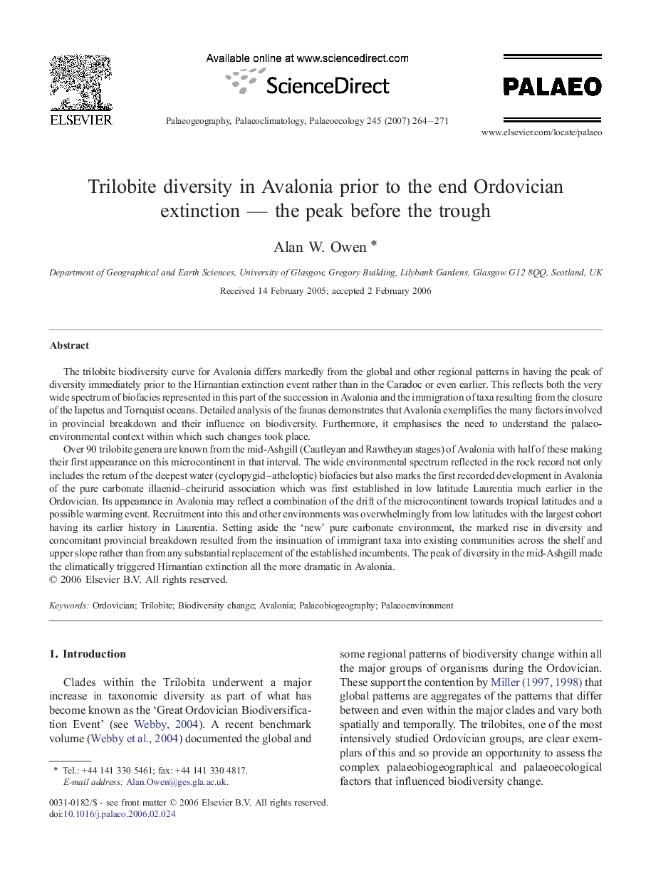 Trilobite diversity in Avalonia prior to the end Ordovician extinction — the peak before the trough