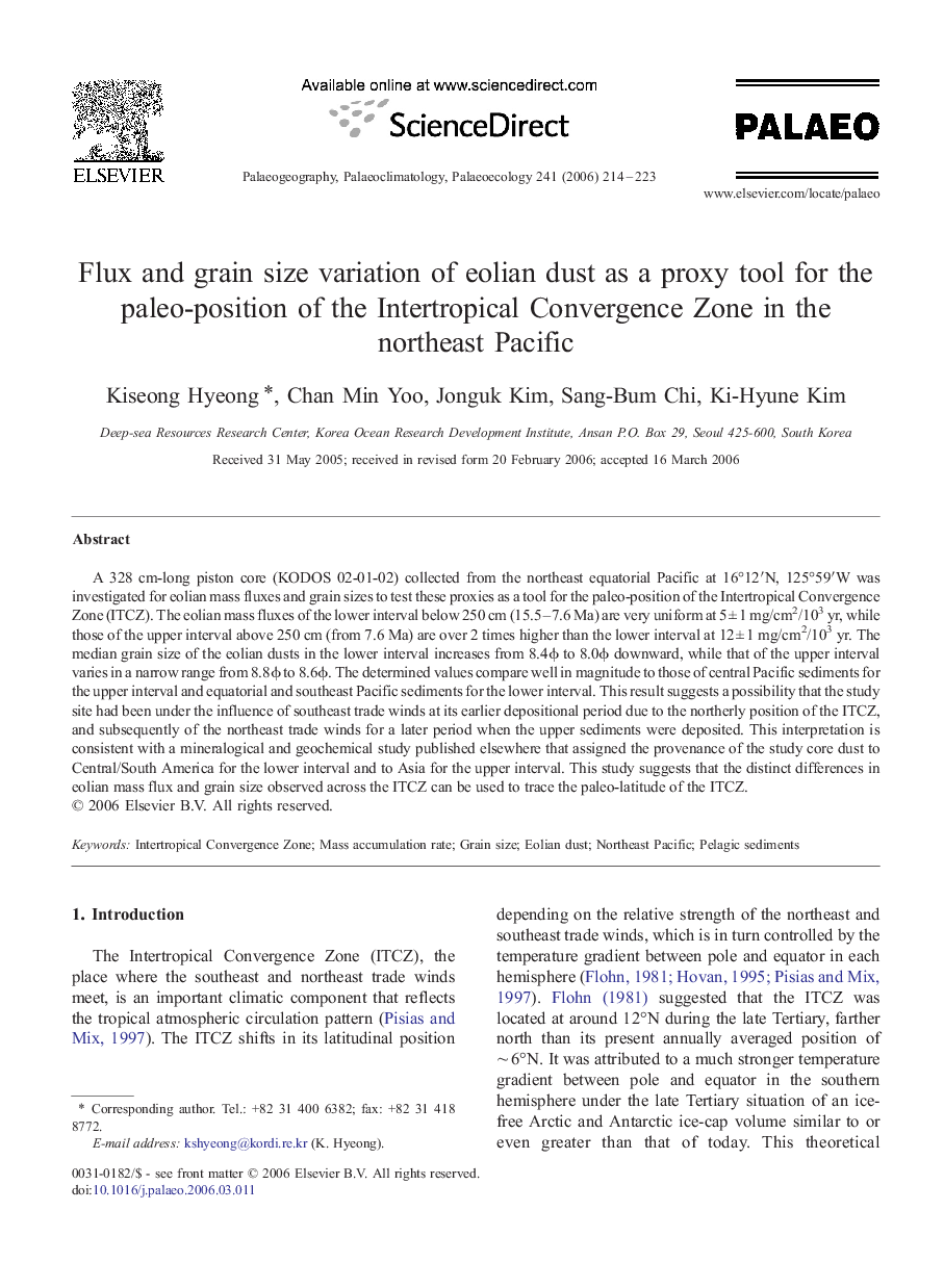 Flux and grain size variation of eolian dust as a proxy tool for the paleo-position of the Intertropical Convergence Zone in the northeast Pacific