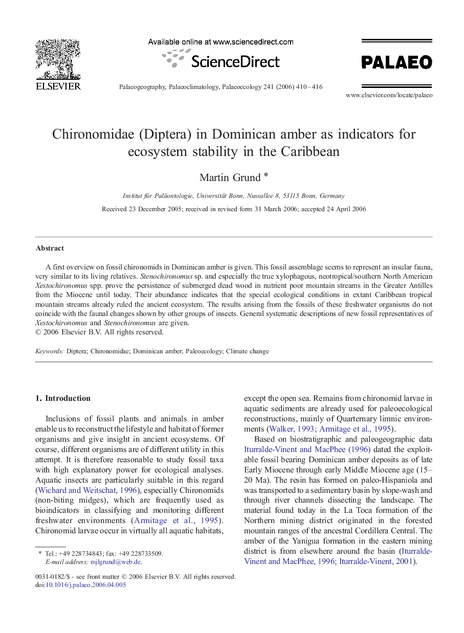 Chironomidae (Diptera) in Dominican amber as indicators for ecosystem stability in the Caribbean