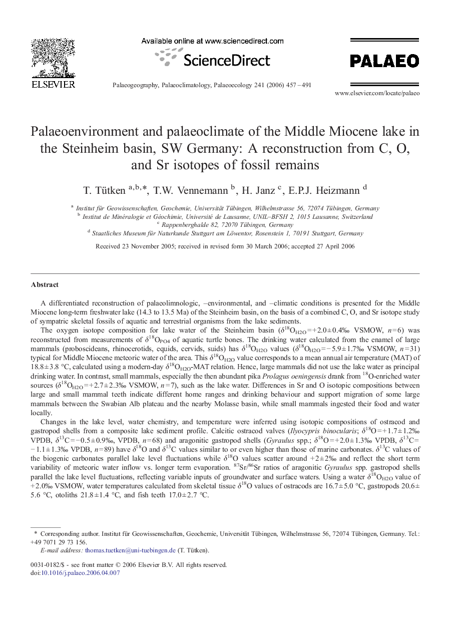 Palaeoenvironment and palaeoclimate of the Middle Miocene lake in the Steinheim basin, SW Germany: A reconstruction from C, O, and Sr isotopes of fossil remains