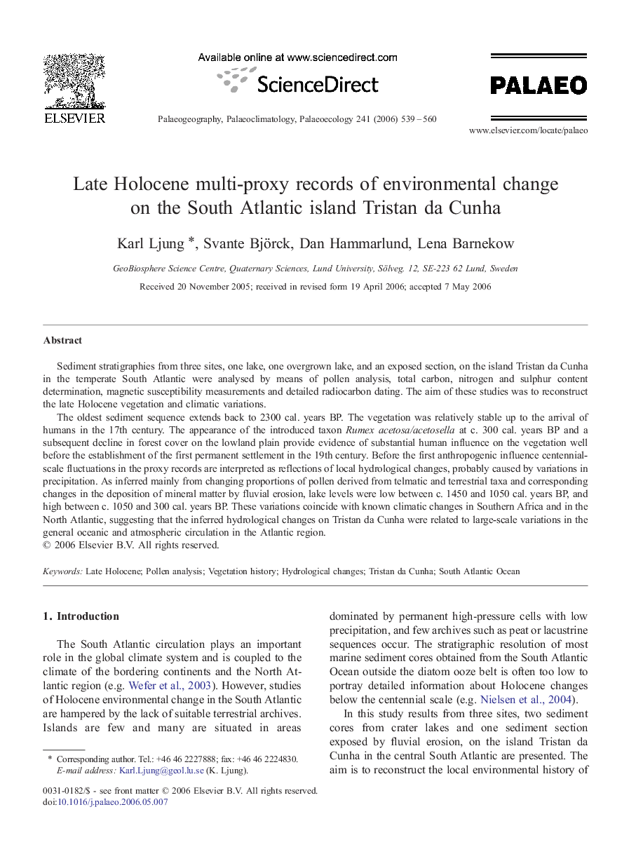 Late Holocene multi-proxy records of environmental change on the South Atlantic island Tristan da Cunha