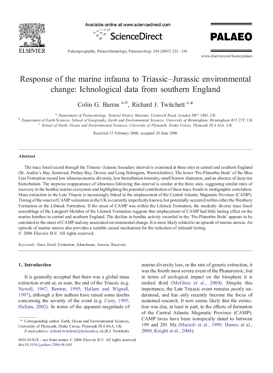 Response of the marine infauna to Triassic–Jurassic environmental change: Ichnological data from southern England