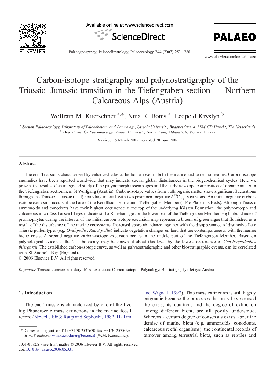 Carbon-isotope stratigraphy and palynostratigraphy of the Triassic–Jurassic transition in the Tiefengraben section — Northern Calcareous Alps (Austria)