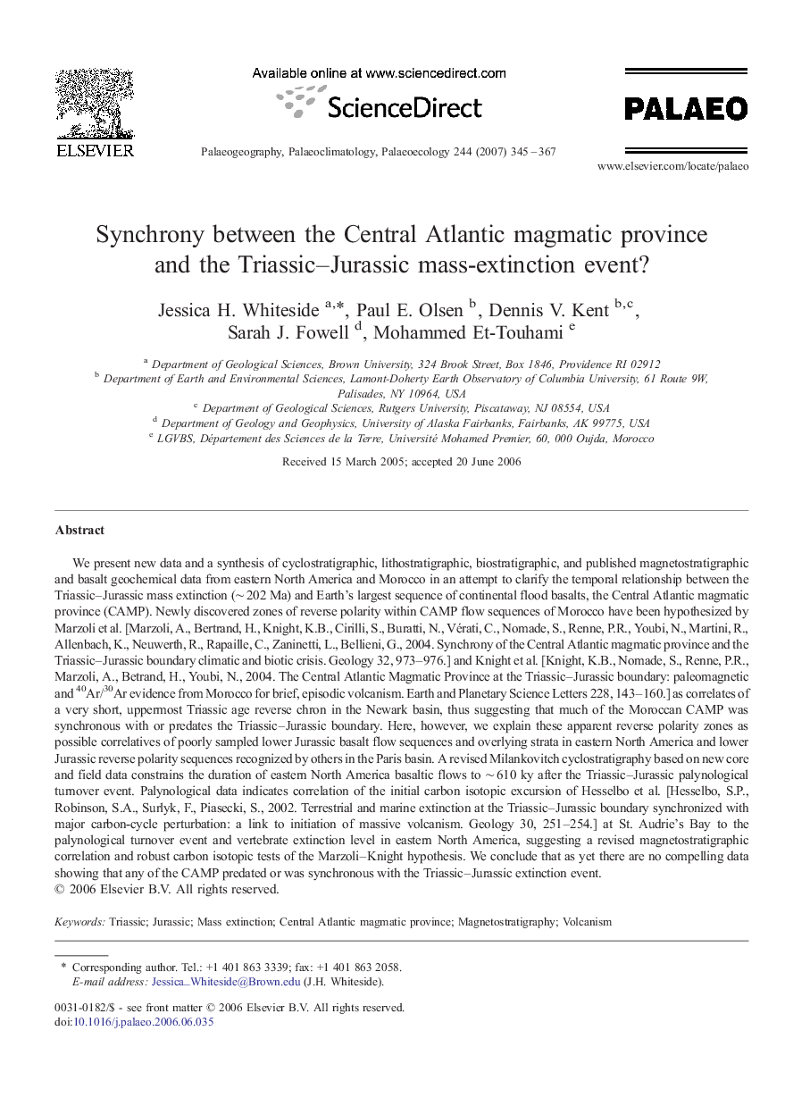 Synchrony between the Central Atlantic magmatic province and the Triassic–Jurassic mass-extinction event?