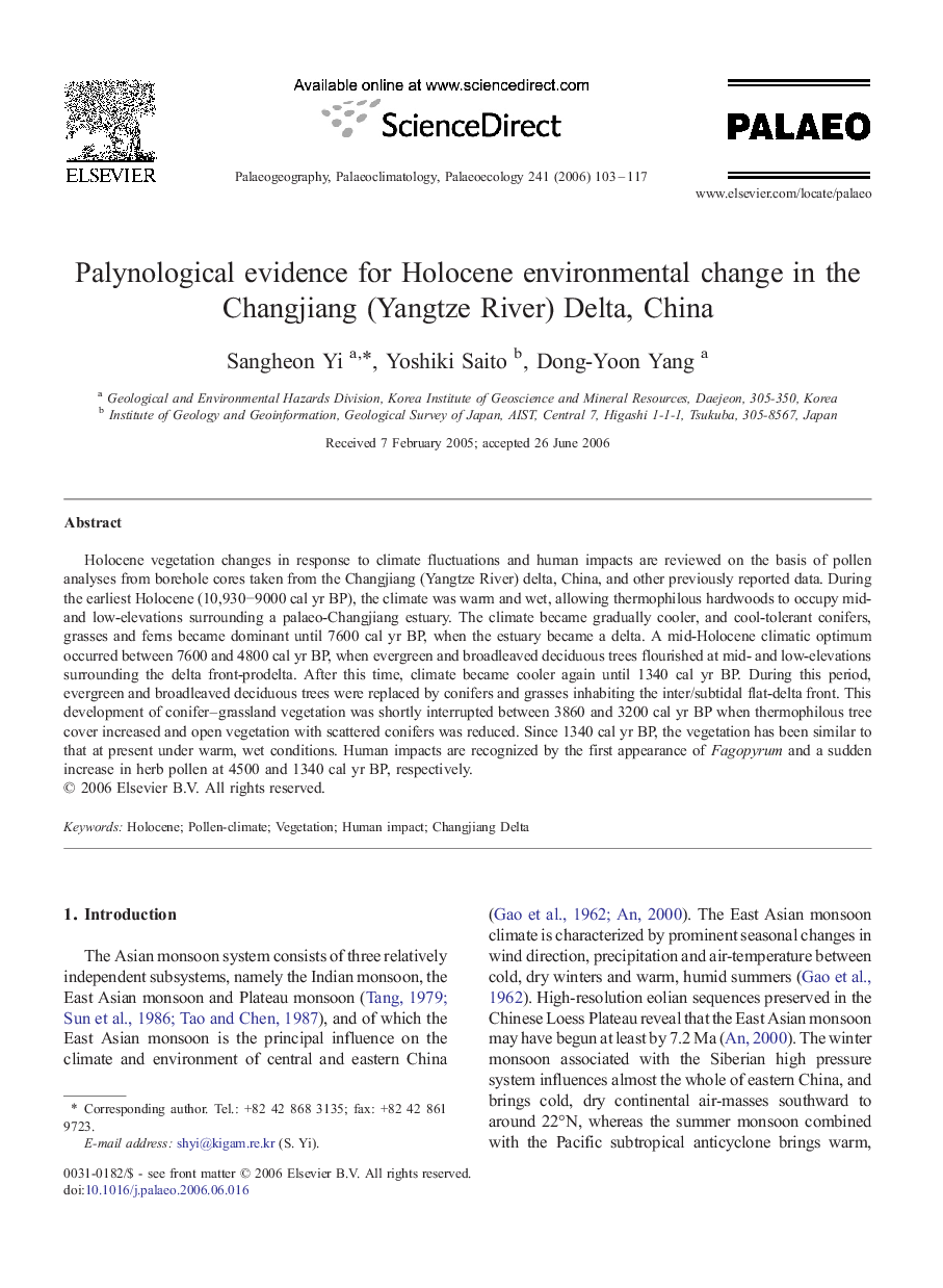 Palynological evidence for Holocene environmental change in the Changjiang (Yangtze River) Delta, China