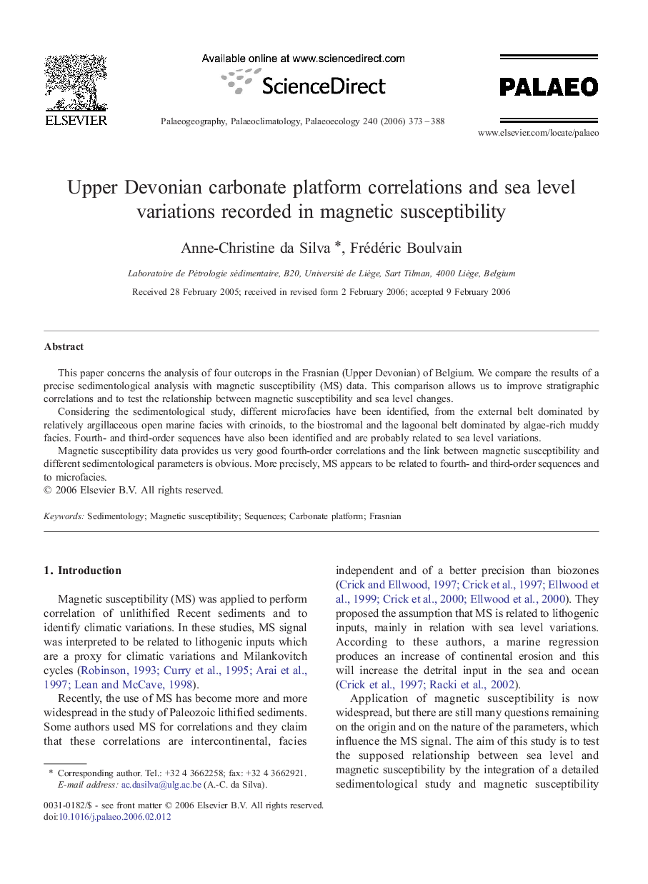 Upper Devonian carbonate platform correlations and sea level variations recorded in magnetic susceptibility