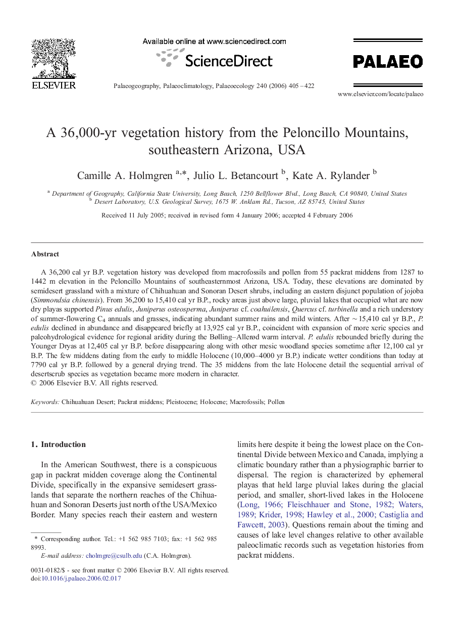 A 36,000-yr vegetation history from the Peloncillo Mountains, southeastern Arizona, USA