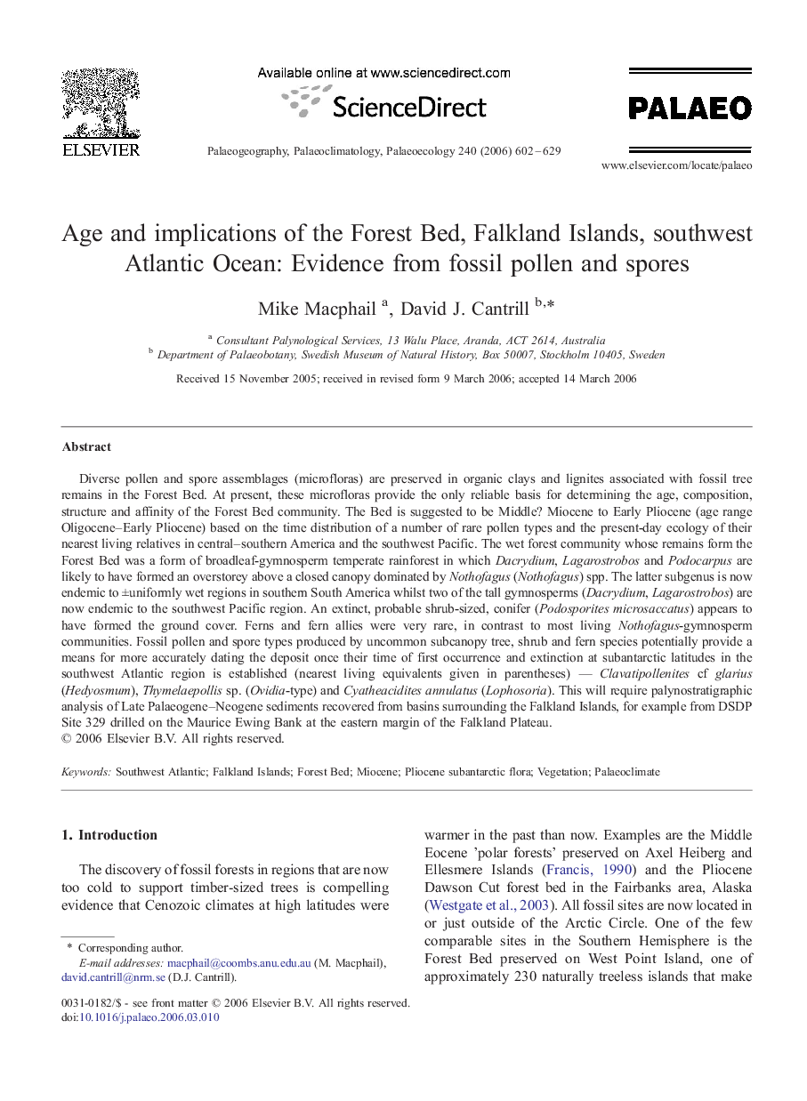 Age and implications of the Forest Bed, Falkland Islands, southwest Atlantic Ocean: Evidence from fossil pollen and spores