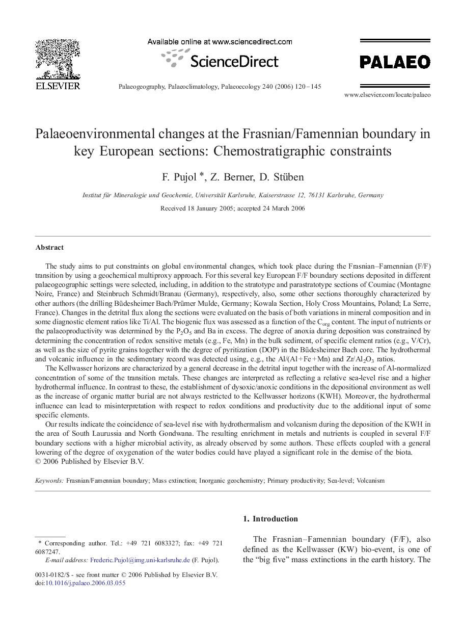 Palaeoenvironmental changes at the Frasnian/Famennian boundary in key European sections: Chemostratigraphic constraints