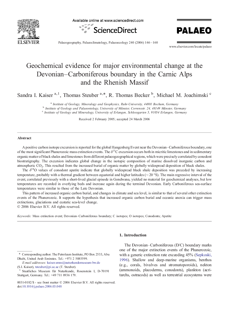 Geochemical evidence for major environmental change at the Devonian–Carboniferous boundary in the Carnic Alps and the Rhenish Massif