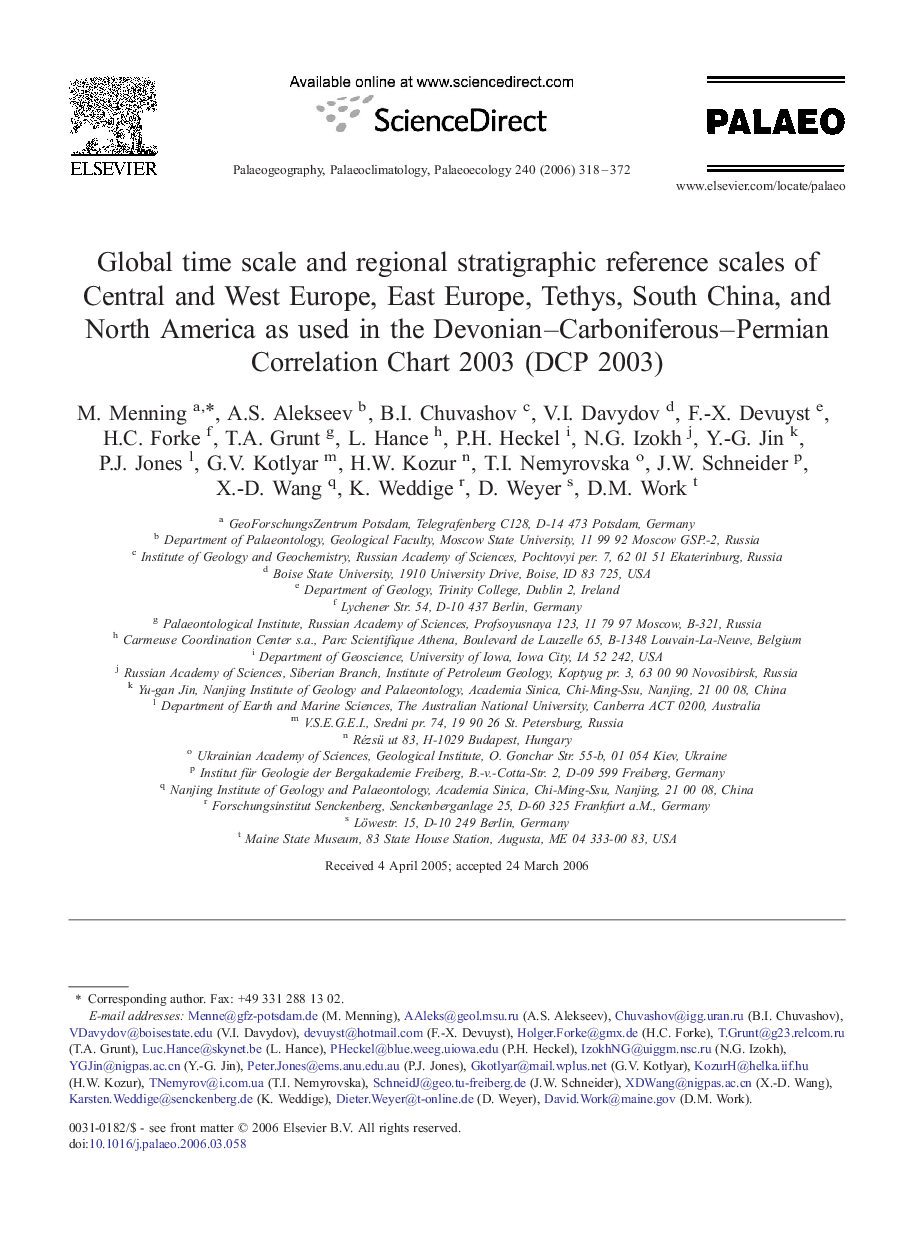 Global time scale and regional stratigraphic reference scales of Central and West Europe, East Europe, Tethys, South China, and North America as used in the Devonian–Carboniferous–Permian Correlation Chart 2003 (DCP 2003)