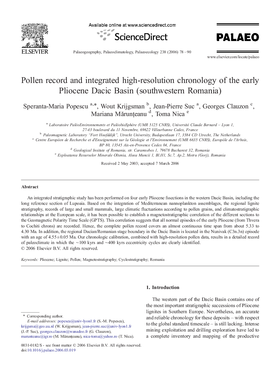 Pollen record and integrated high-resolution chronology of the early Pliocene Dacic Basin (southwestern Romania)