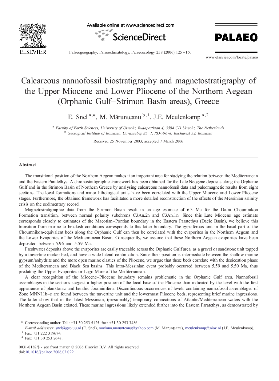 Calcareous nannofossil biostratigraphy and magnetostratigraphy of the Upper Miocene and Lower Pliocene of the Northern Aegean (Orphanic Gulf–Strimon Basin areas), Greece