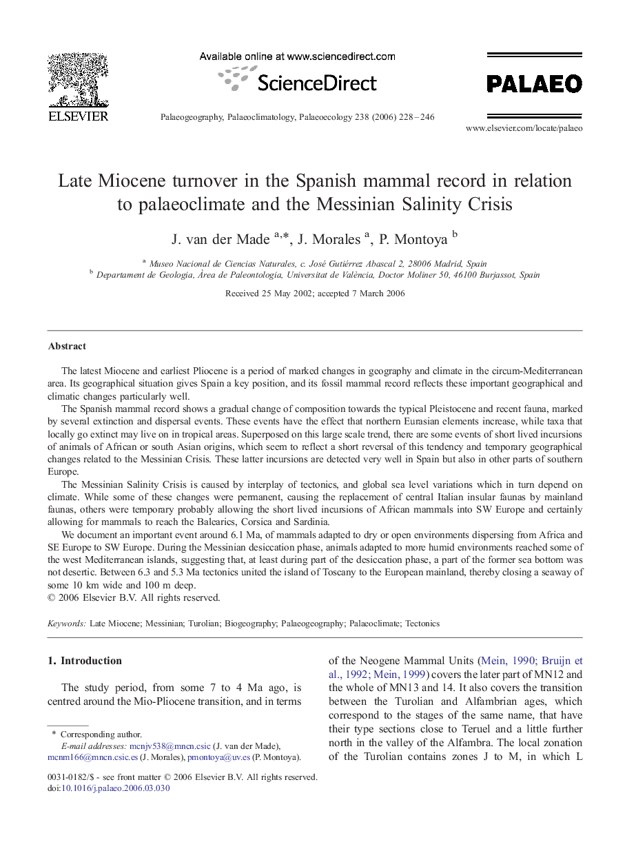 Late Miocene turnover in the Spanish mammal record in relation to palaeoclimate and the Messinian Salinity Crisis