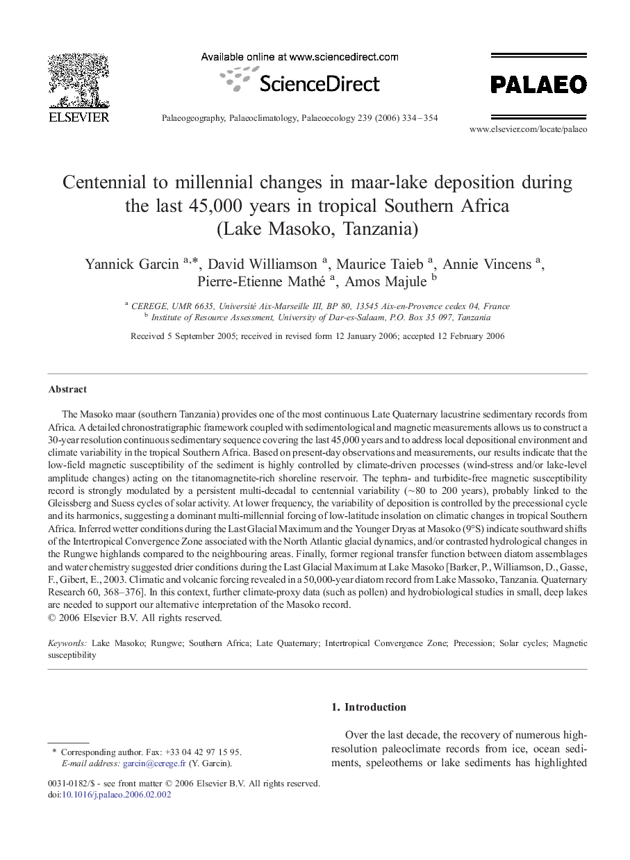 Centennial to millennial changes in maar-lake deposition during the last 45,000 years in tropical Southern Africa (Lake Masoko, Tanzania)