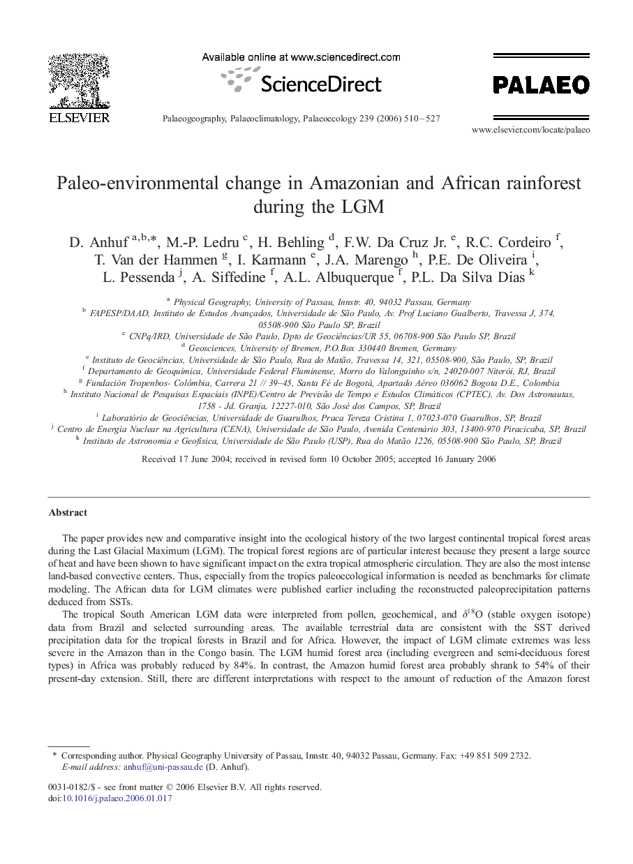 Paleo-environmental change in Amazonian and African rainforest during the LGM