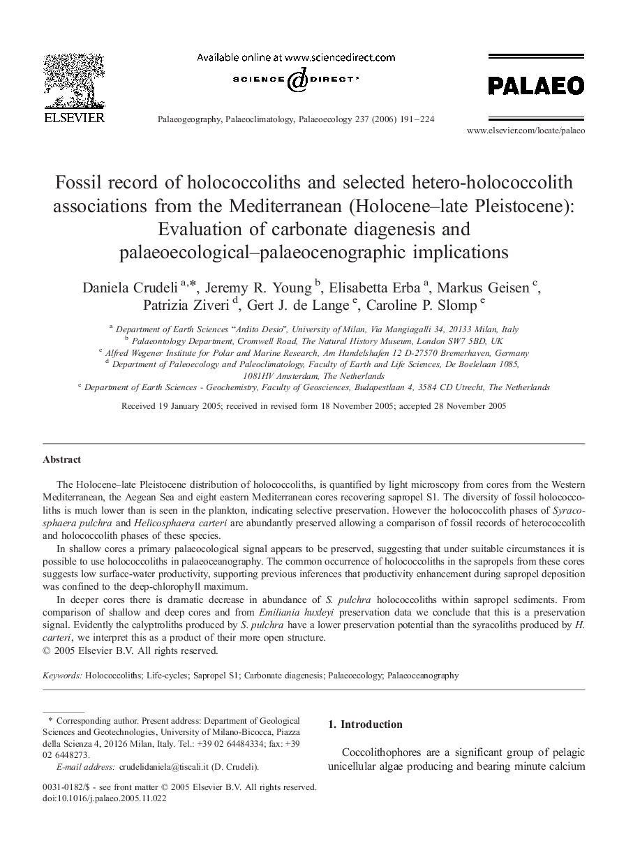 Fossil record of holococcoliths and selected hetero-holococcolith associations from the Mediterranean (Holocene–late Pleistocene): Evaluation of carbonate diagenesis and palaeoecological–palaeocenographic implications