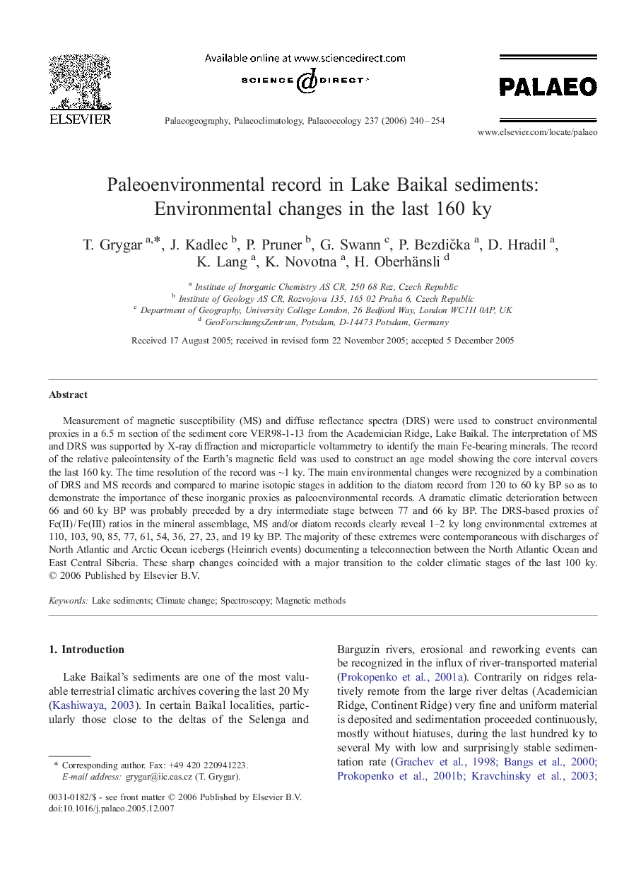 Paleoenvironmental record in Lake Baikal sediments: Environmental changes in the last 160 ky