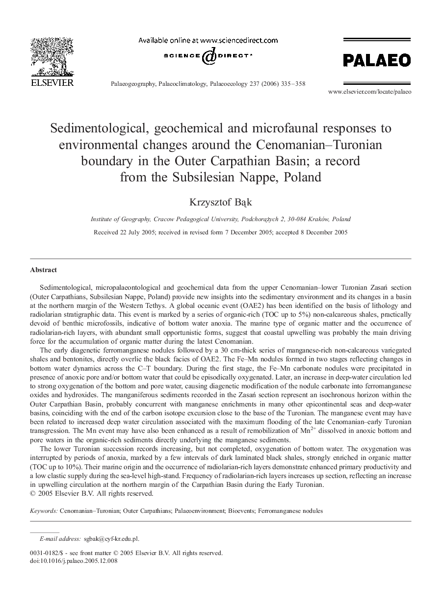 Sedimentological, geochemical and microfaunal responses to environmental changes around the Cenomanian–Turonian boundary in the Outer Carpathian Basin; a record from the Subsilesian Nappe, Poland