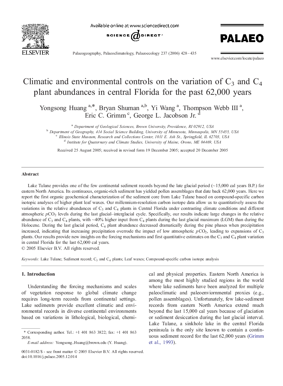 Climatic and environmental controls on the variation of C3 and C4 plant abundances in central Florida for the past 62,000 years