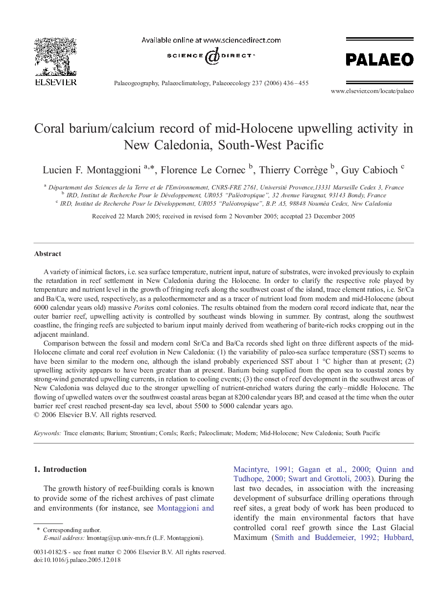 Coral barium/calcium record of mid-Holocene upwelling activity in New Caledonia, South-West Pacific