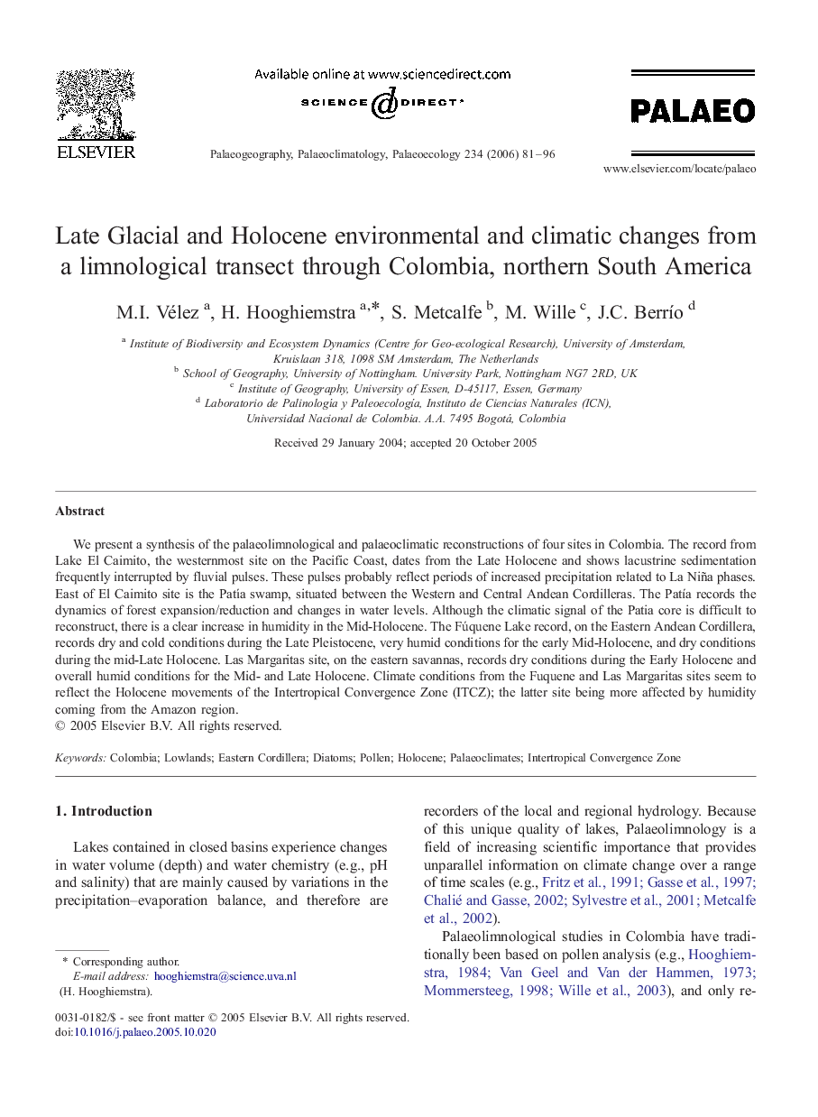 Late Glacial and Holocene environmental and climatic changes from a limnological transect through Colombia, northern South America