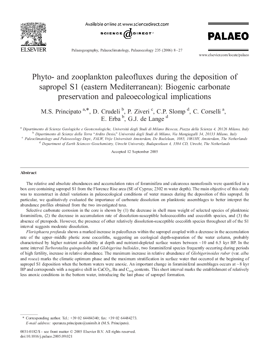 Phyto_ and zooplankton paleofluxes during the deposition of sapropel S1 (eastern Mediterranean): Biogenic carbonate preservation and paleoecological implications