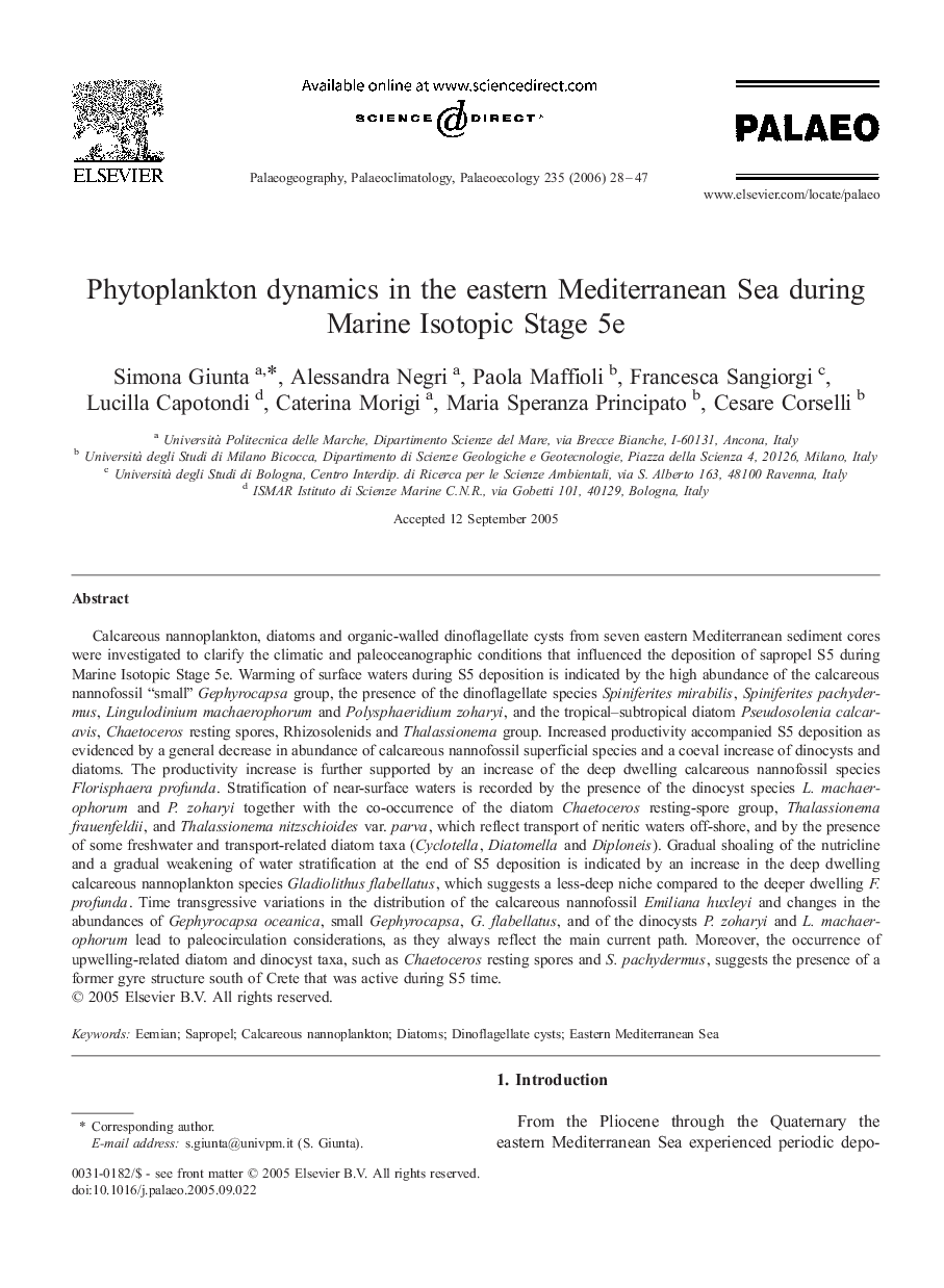 Phytoplankton dynamics in the eastern Mediterranean Sea during Marine Isotopic Stage 5e