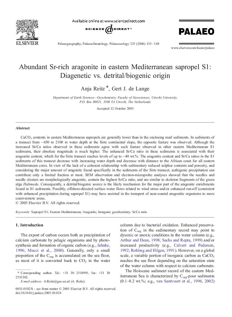 Abundant Sr-rich aragonite in eastern Mediterranean sapropel S1: Diagenetic vs. detrital/biogenic origin