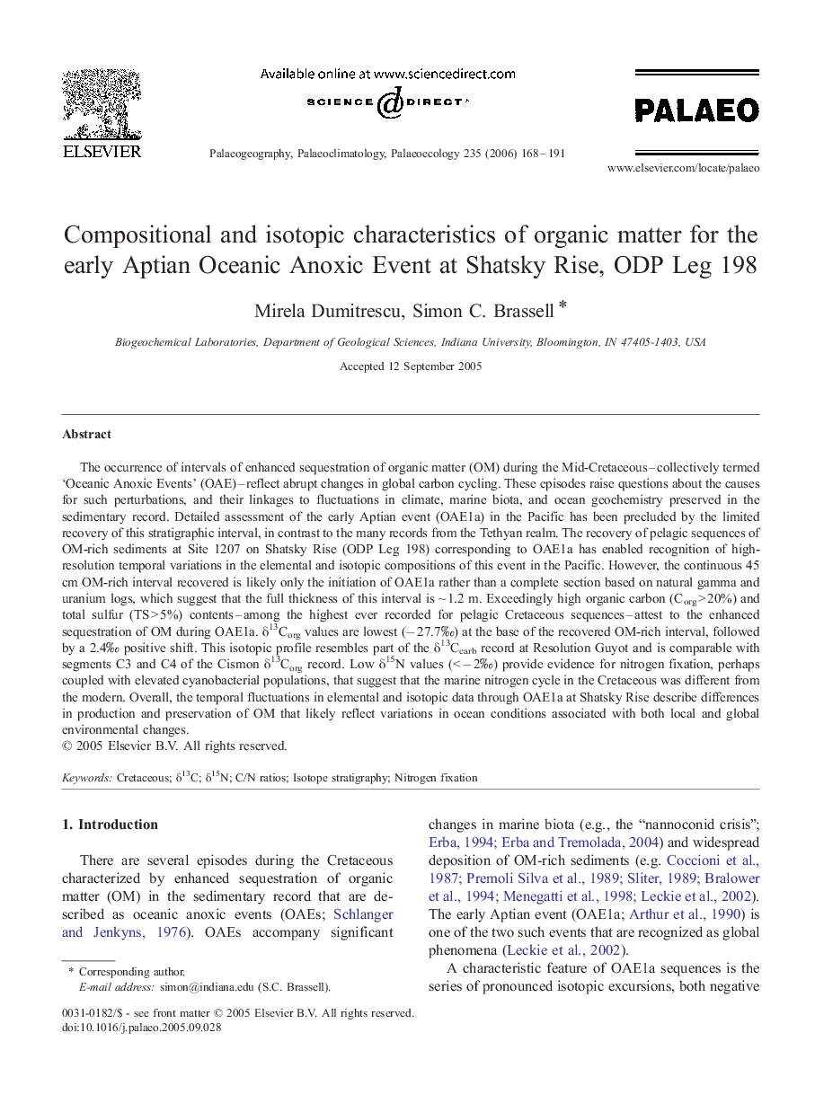Compositional and isotopic characteristics of organic matter for the early Aptian Oceanic Anoxic Event at Shatsky Rise, ODP Leg 198