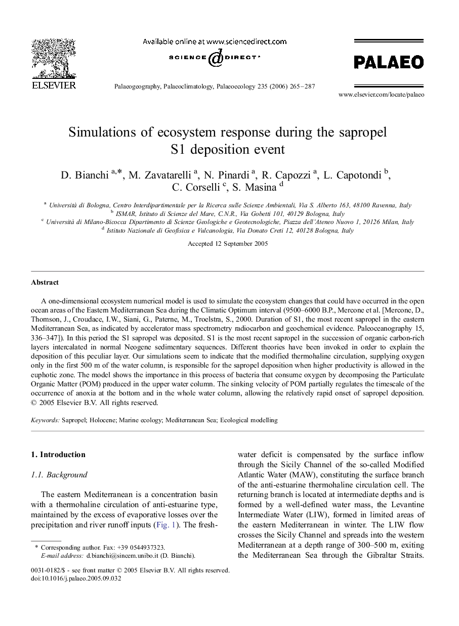 Simulations of ecosystem response during the sapropel S1 deposition event