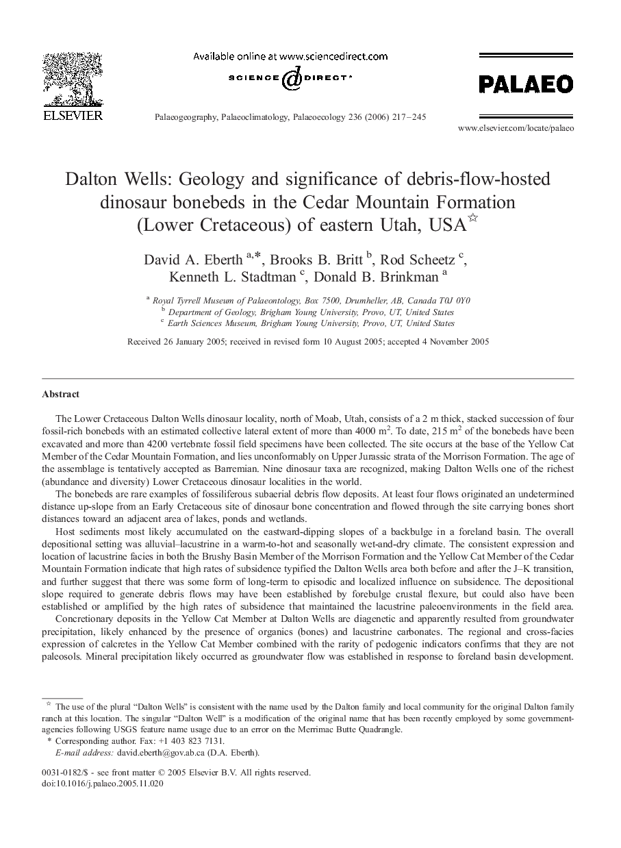 Dalton Wells: Geology and significance of debris-flow-hosted dinosaur bonebeds in the Cedar Mountain Formation (Lower Cretaceous) of eastern Utah, USA 