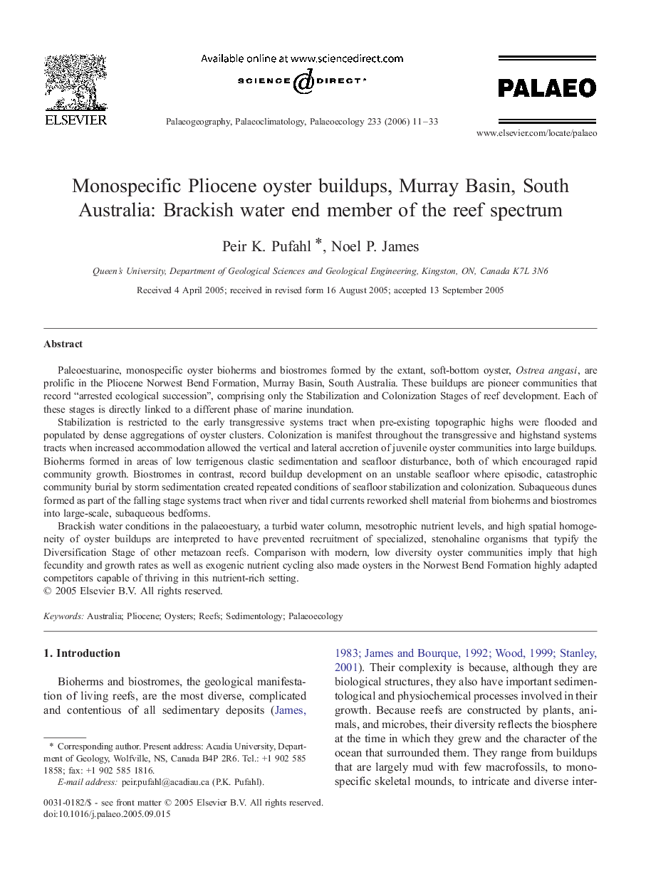 Monospecific Pliocene oyster buildups, Murray Basin, South Australia: Brackish water end member of the reef spectrum