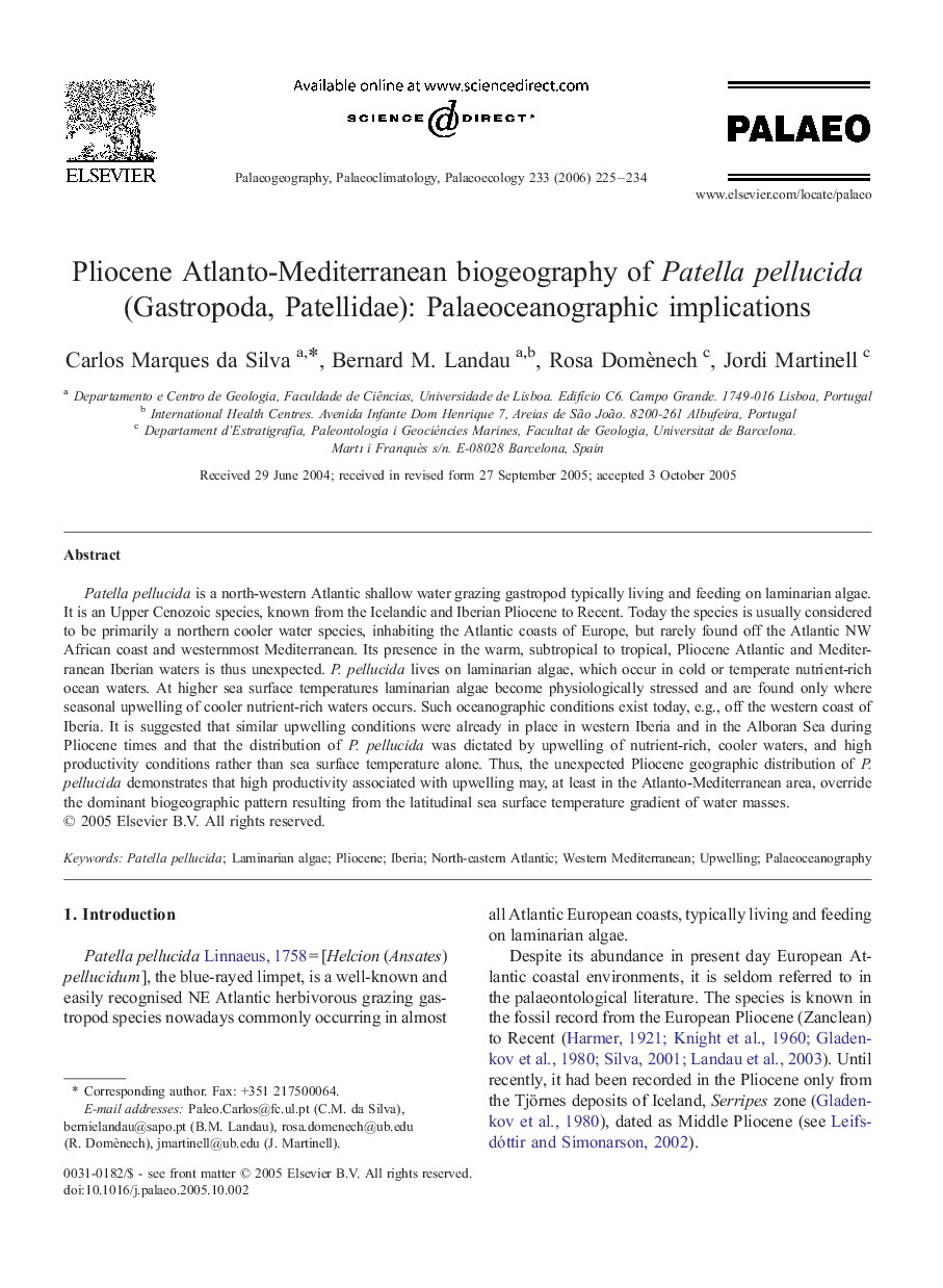 Pliocene Atlanto-Mediterranean biogeography of Patella pellucida (Gastropoda, Patellidae): Palaeoceanographic implications