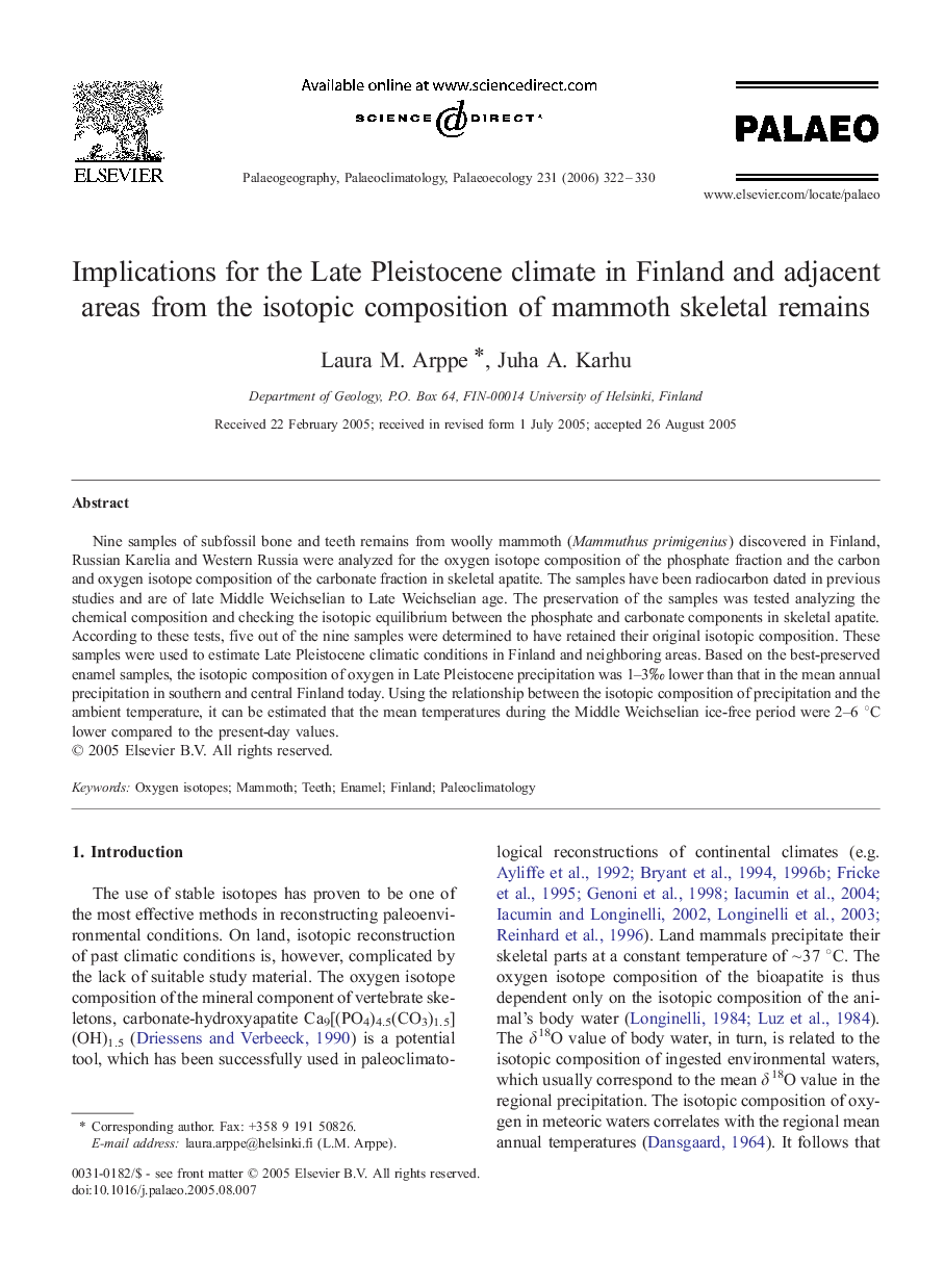 Implications for the Late Pleistocene climate in Finland and adjacent areas from the isotopic composition of mammoth skeletal remains