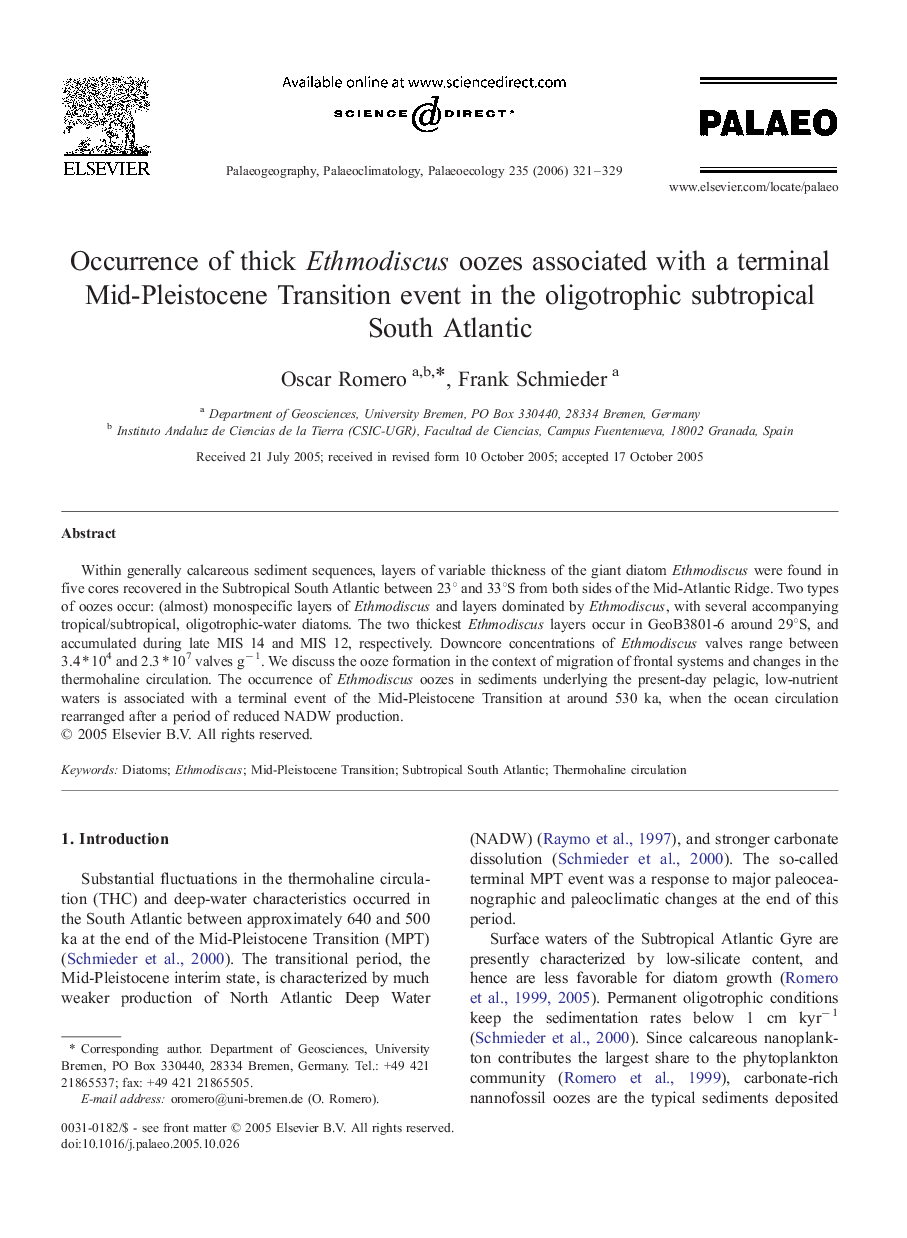 Occurrence of thick Ethmodiscus oozes associated with a terminal Mid-Pleistocene Transition event in the oligotrophic subtropical South Atlantic