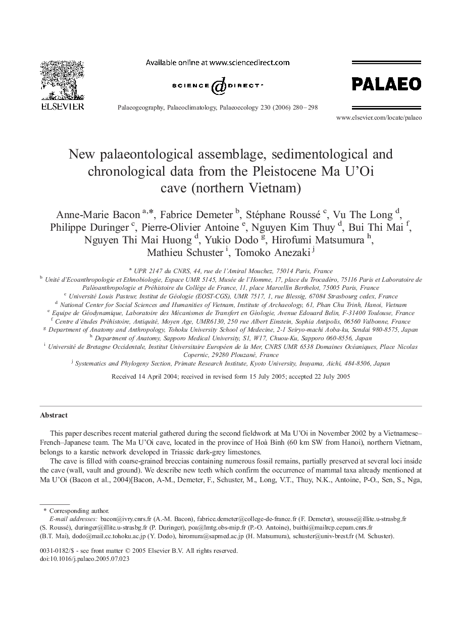 New palaeontological assemblage, sedimentological and chronological data from the Pleistocene Ma U'Oi cave (northern Vietnam)