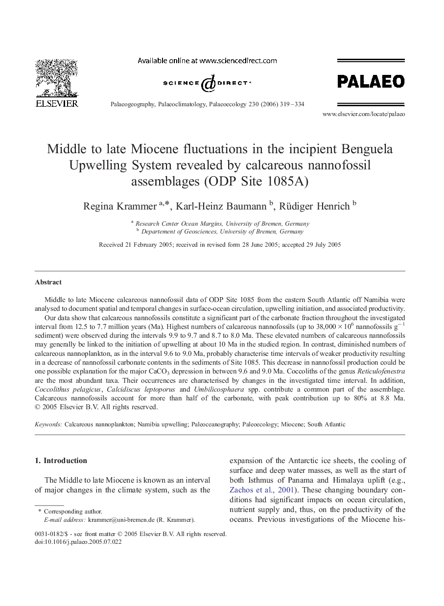 Middle to late Miocene fluctuations in the incipient Benguela Upwelling System revealed by calcareous nannofossil assemblages (ODP Site 1085A)