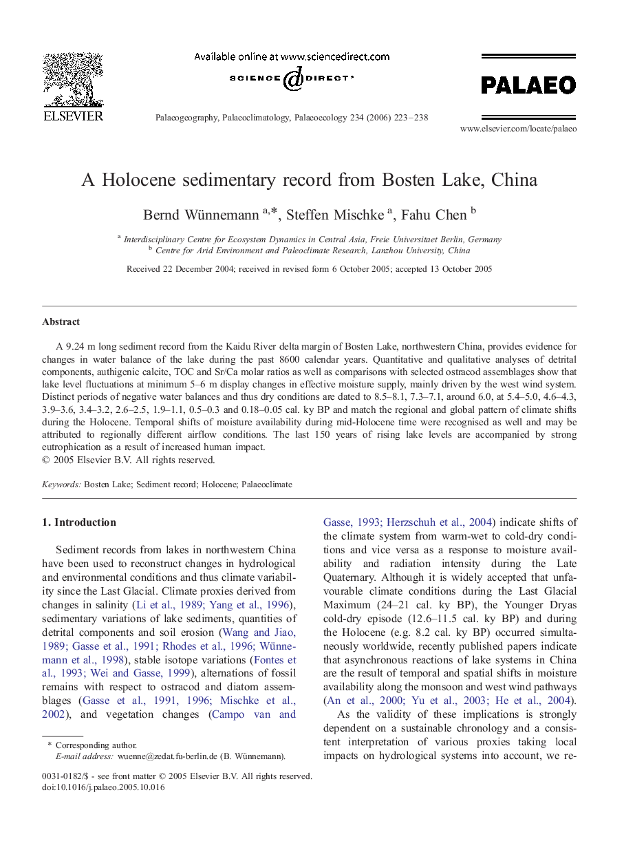 A Holocene sedimentary record from Bosten Lake, China