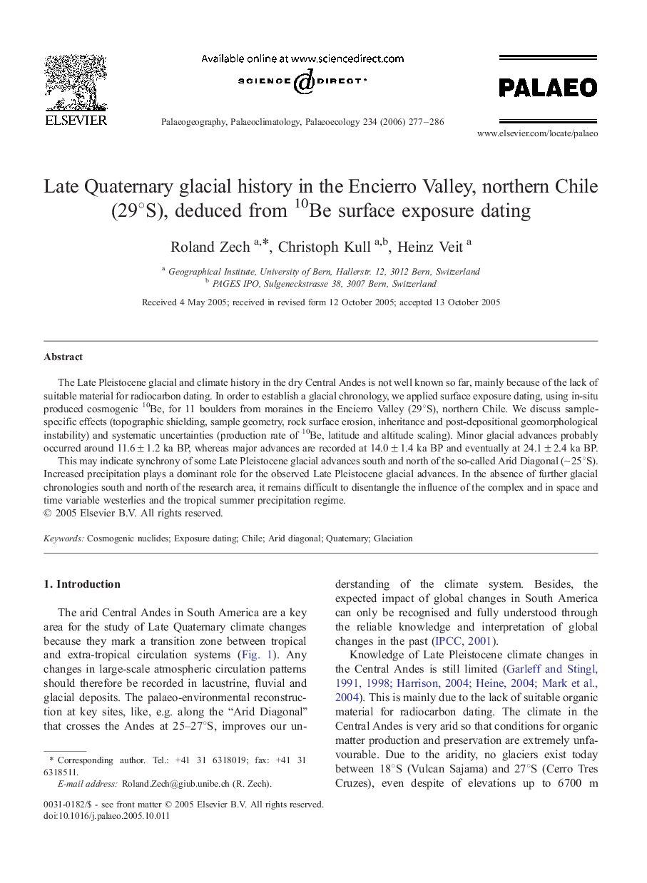 Late Quaternary glacial history in the Encierro Valley, northern Chile (29°S), deduced from 10Be surface exposure dating