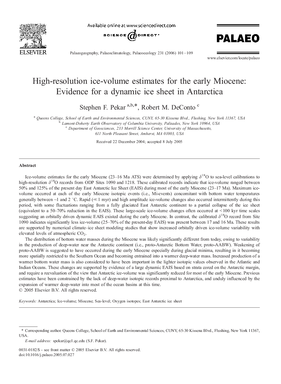 High-resolution ice-volume estimates for the early Miocene: Evidence for a dynamic ice sheet in Antarctica