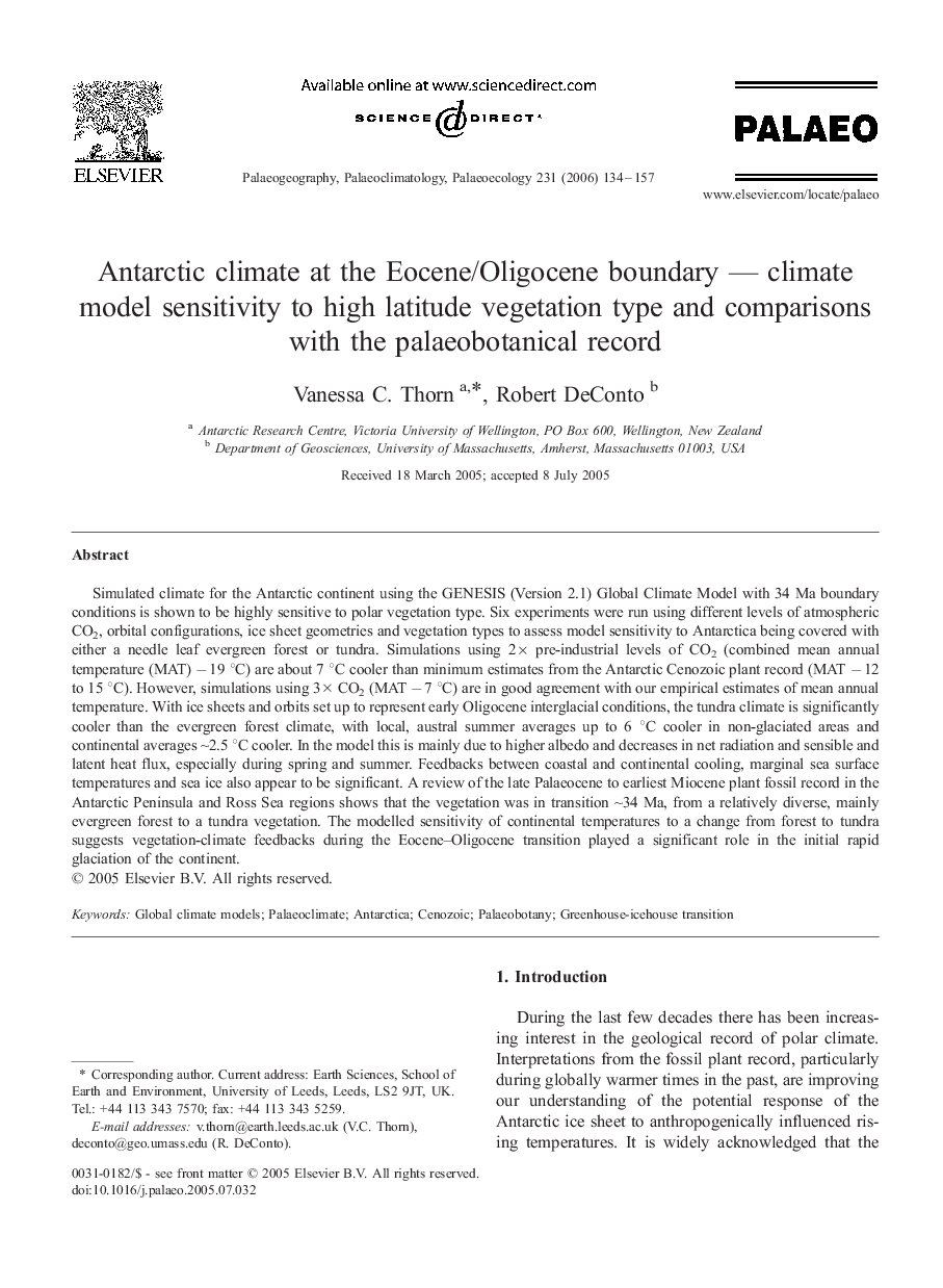 Antarctic climate at the Eocene/Oligocene boundary — climate model sensitivity to high latitude vegetation type and comparisons with the palaeobotanical record