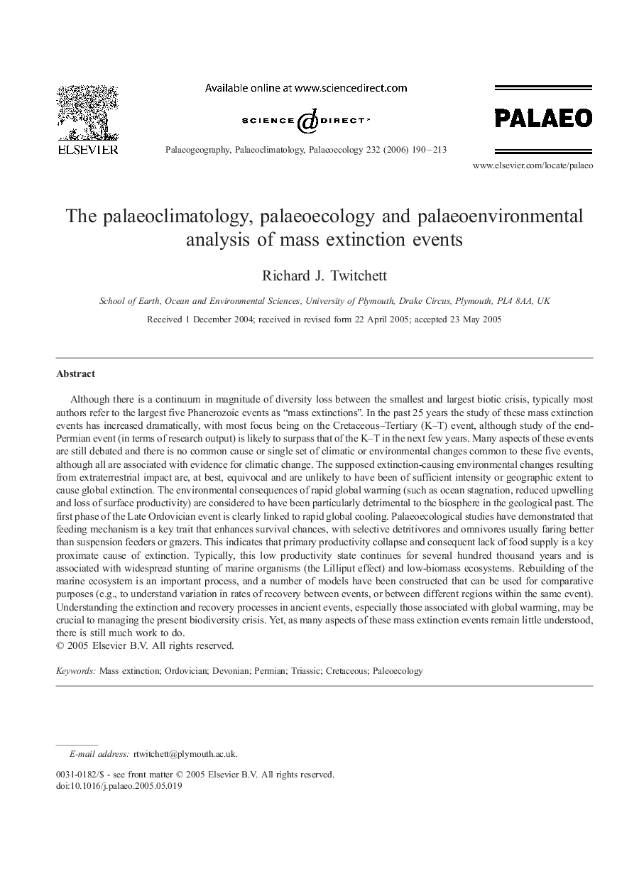 The palaeoclimatology, palaeoecology and palaeoenvironmental analysis of mass extinction events