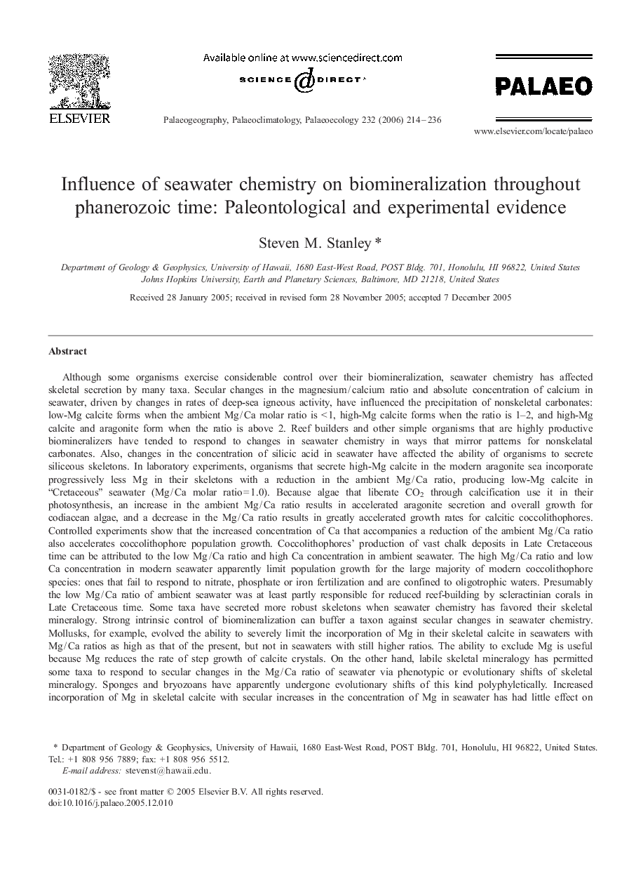 Influence of seawater chemistry on biomineralization throughout phanerozoic time: Paleontological and experimental evidence